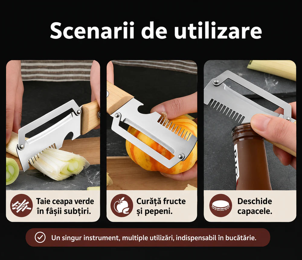 Peeler Multifuncțional Oțel și Lemn 3 în 1